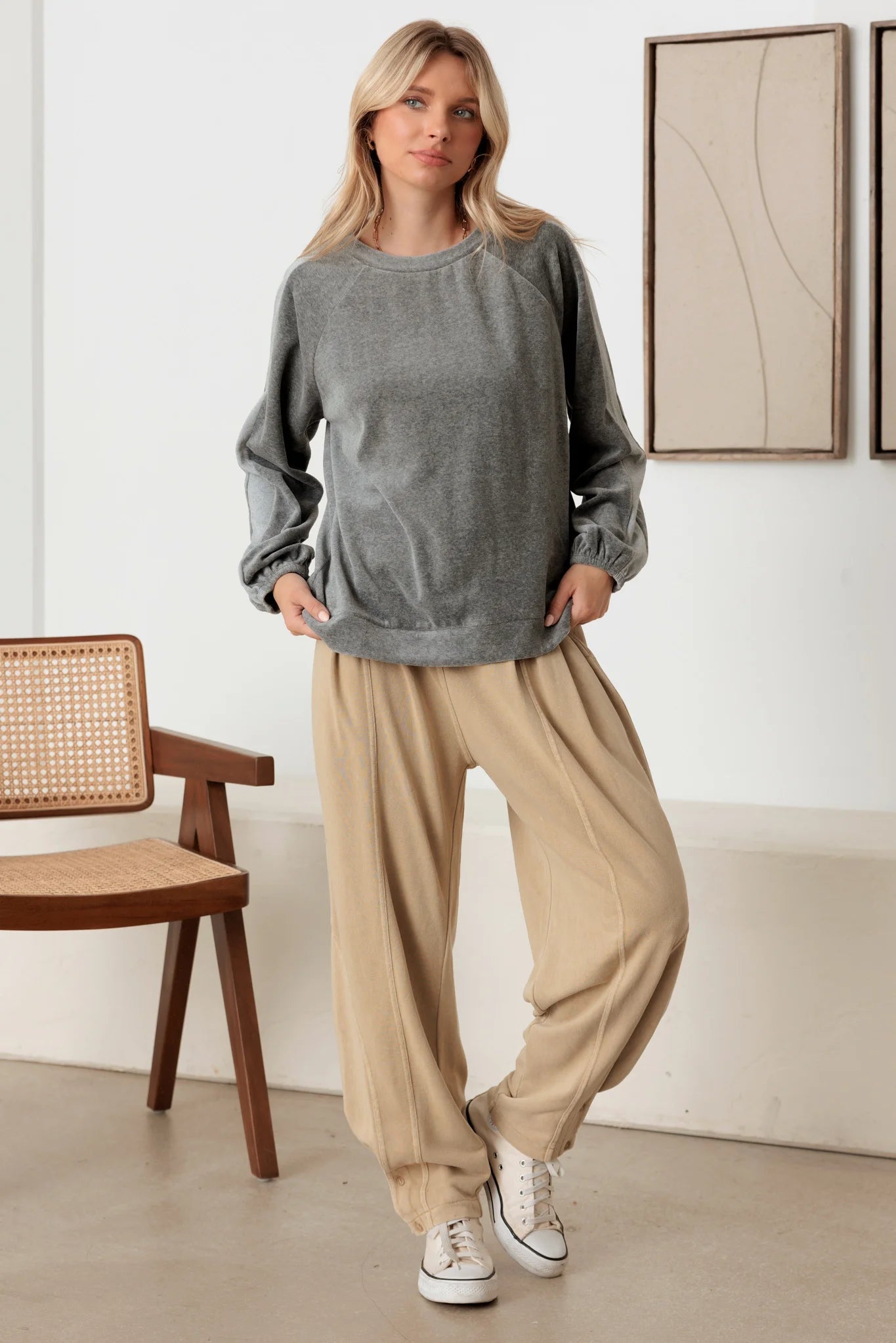 Cotton Blend Velour Balloon Long Sleeve Top