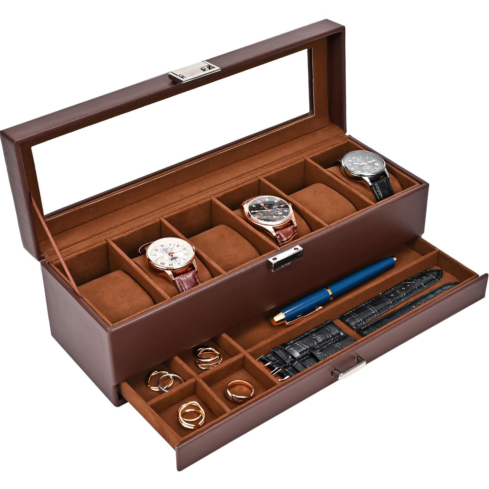 Watch Box Organizer for Men, 6 Slot Watch Display Case with Drawer, Mens Watch Box Watch Case Holder, 6 Watch Box Double