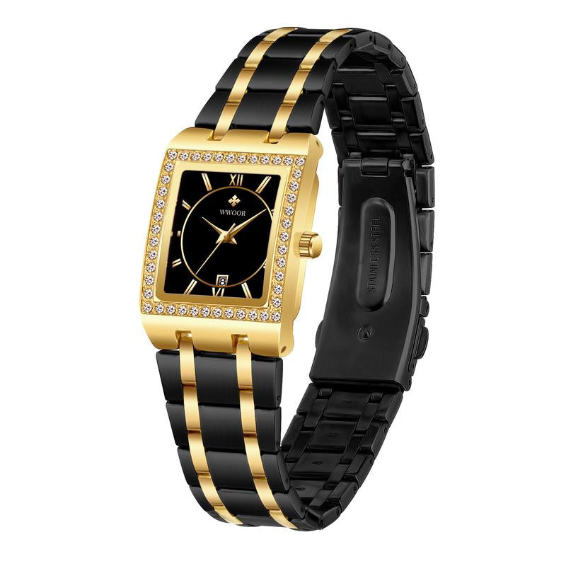 WWOOR 8858 Square Gold Quartz Waterproof Watch Women Luxury Stainless Steel Diamond Design Wristwatch Fashion Business Casual Ladies Watches