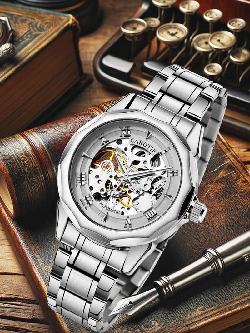 Men'S Business Fashion Stainless Steel Mechanical Watch, Watches for Men, Casual Analog-Digital Multi-Function Wristwatch for Men, Perfect Birthday Gift for Men, with Box, Watches for Men