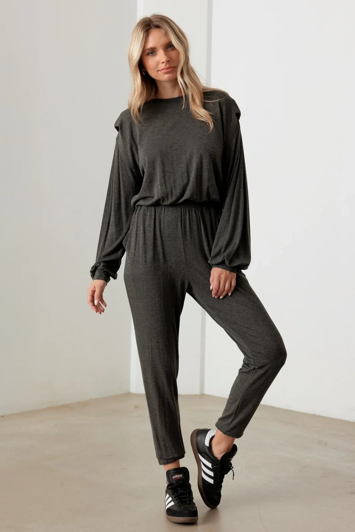 Long Sleeve Shoulder Pad Elastic Waist Jumpsuit