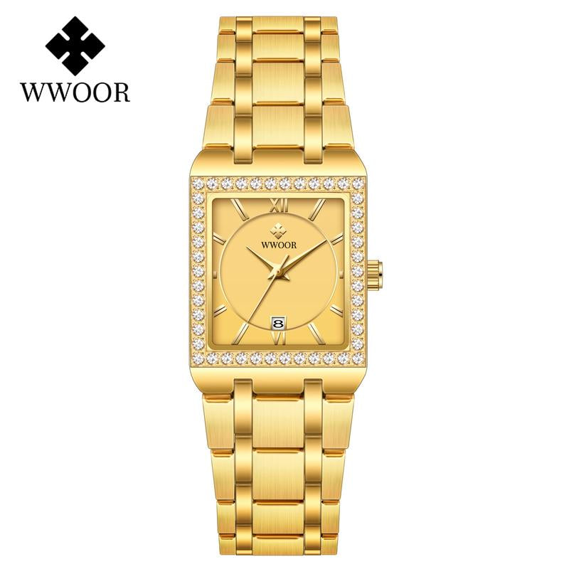 WWOOR 8858 Square Gold Quartz Waterproof Watch Women Luxury Stainless Steel Diamond Design Wristwatch Fashion Business Casual Ladies Watches