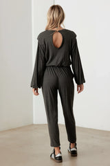 Long Sleeve Shoulder Pad Elastic Waist Jumpsuit