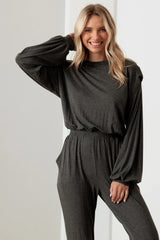 Long Sleeve Shoulder Pad Elastic Waist Jumpsuit