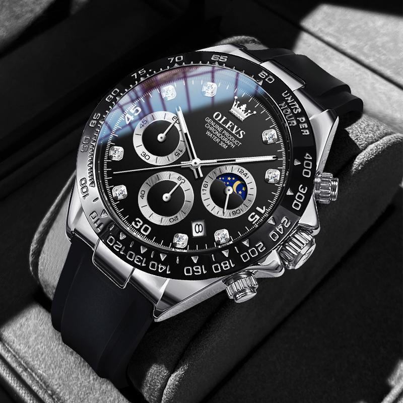 OLEVS Watches for Man Waterproof Chronograph Analog Multifunction Moon Phase Silicone Diamond Luminous Wrist Watches