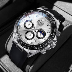 OLEVS Watches for Man Waterproof Chronograph Analog Multifunction Moon Phase Silicone Diamond Luminous Wrist Watches