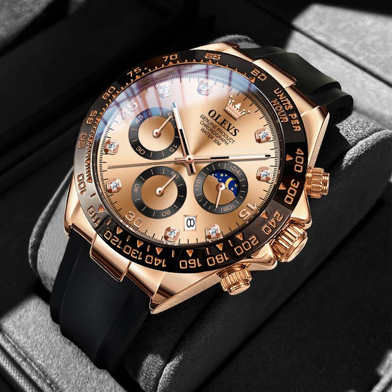 OLEVS Watches for Man Waterproof Chronograph Analog Multifunction Moon Phase Silicone Diamond Luminous Wrist Watches