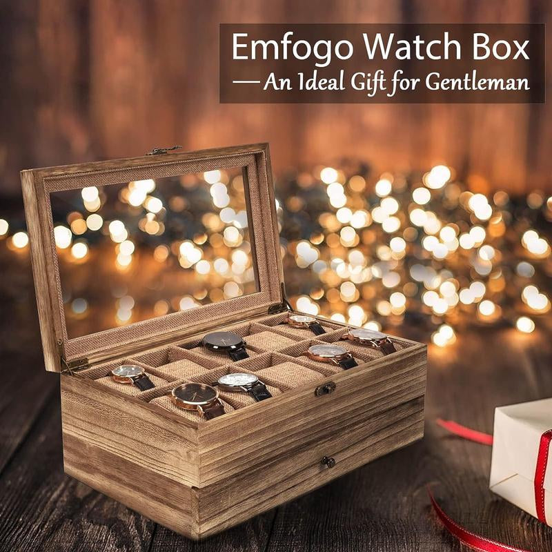 Watch Box - 10 Slot Watch Case for Men Women, Wooden Watch Holder Organizer Display for Mens, Gift for Boyfriend Fathers Day Birthday Gifts (Rustic Brown)