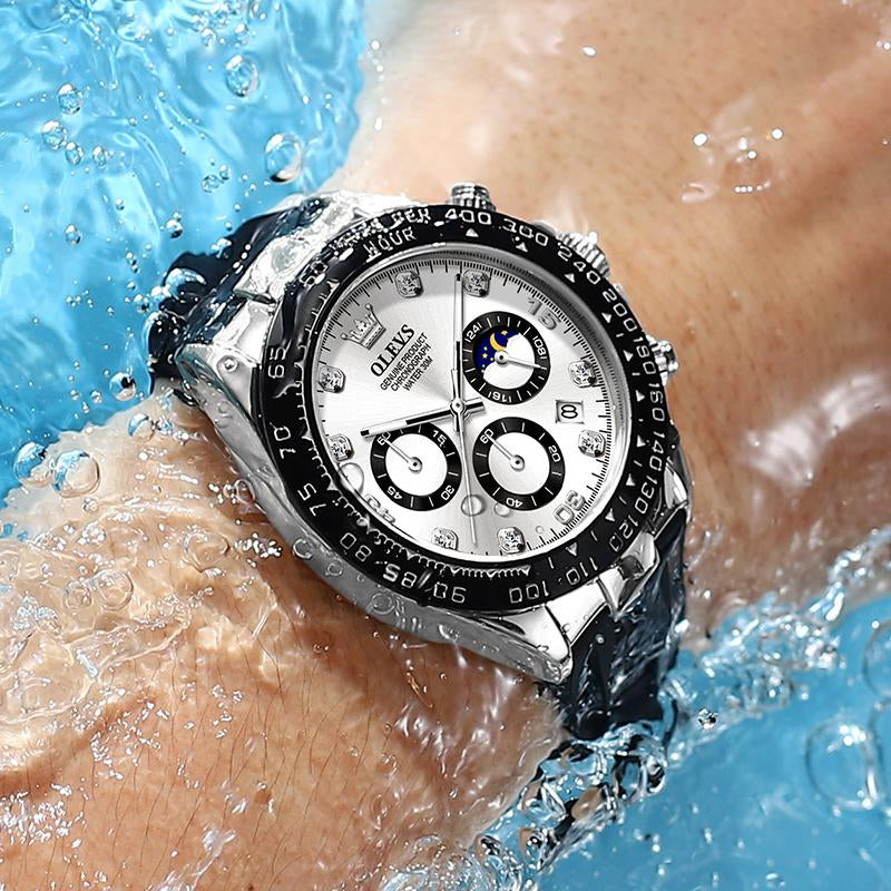 OLEVS Watches for Man Waterproof Chronograph Analog Multifunction Moon Phase Silicone Diamond Luminous Wrist Watches