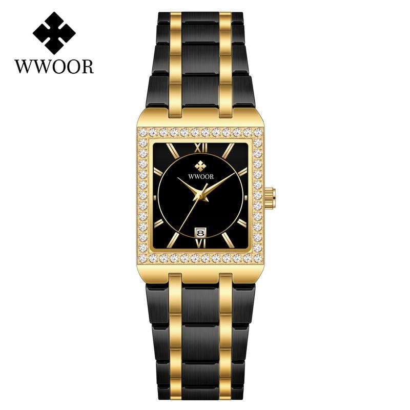 WWOOR 8858 Square Gold Quartz Waterproof Watch Women Luxury Stainless Steel Diamond Design Wristwatch Fashion Business Casual Ladies Watches