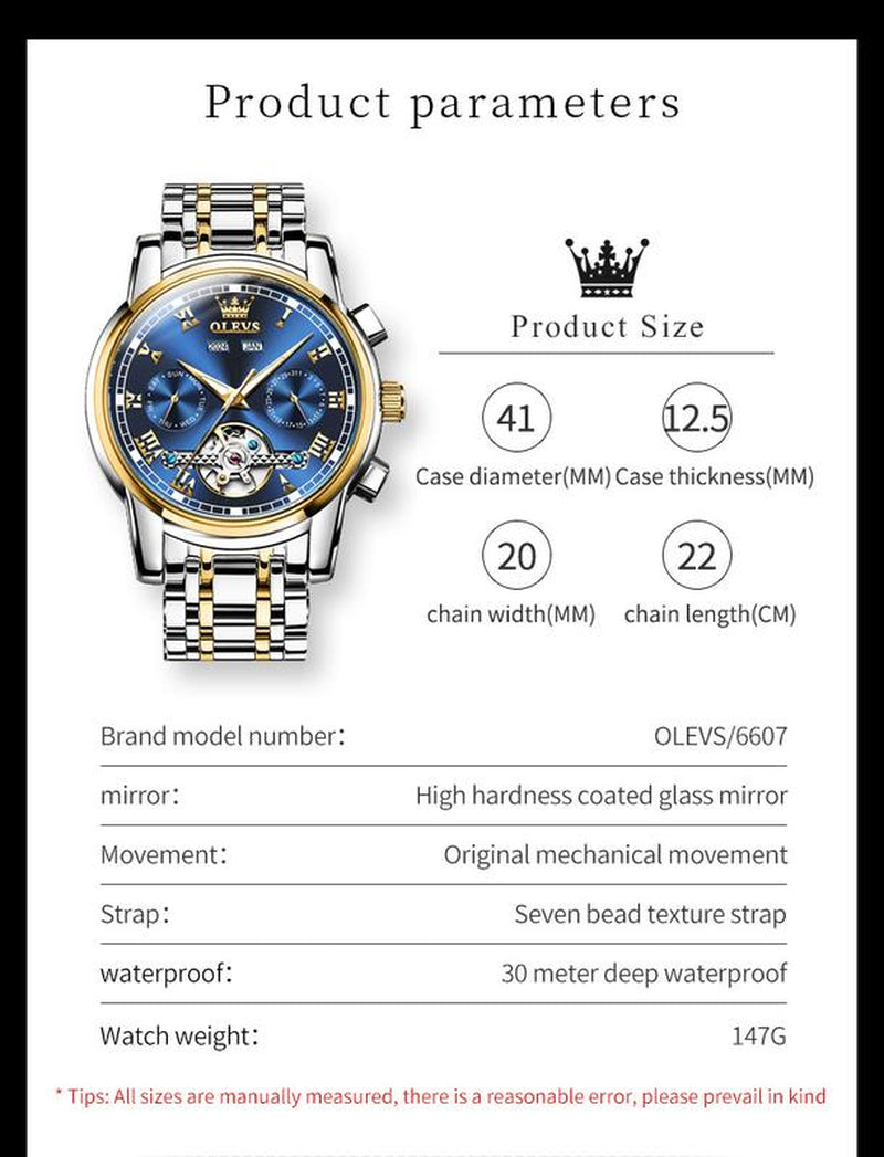 OLEVS Self Winding Watches for Men Automatic Mechanical Tourbillon Stainless Steel Waterproof Luminous Luxury Dress Wrist Watches with Bracelet