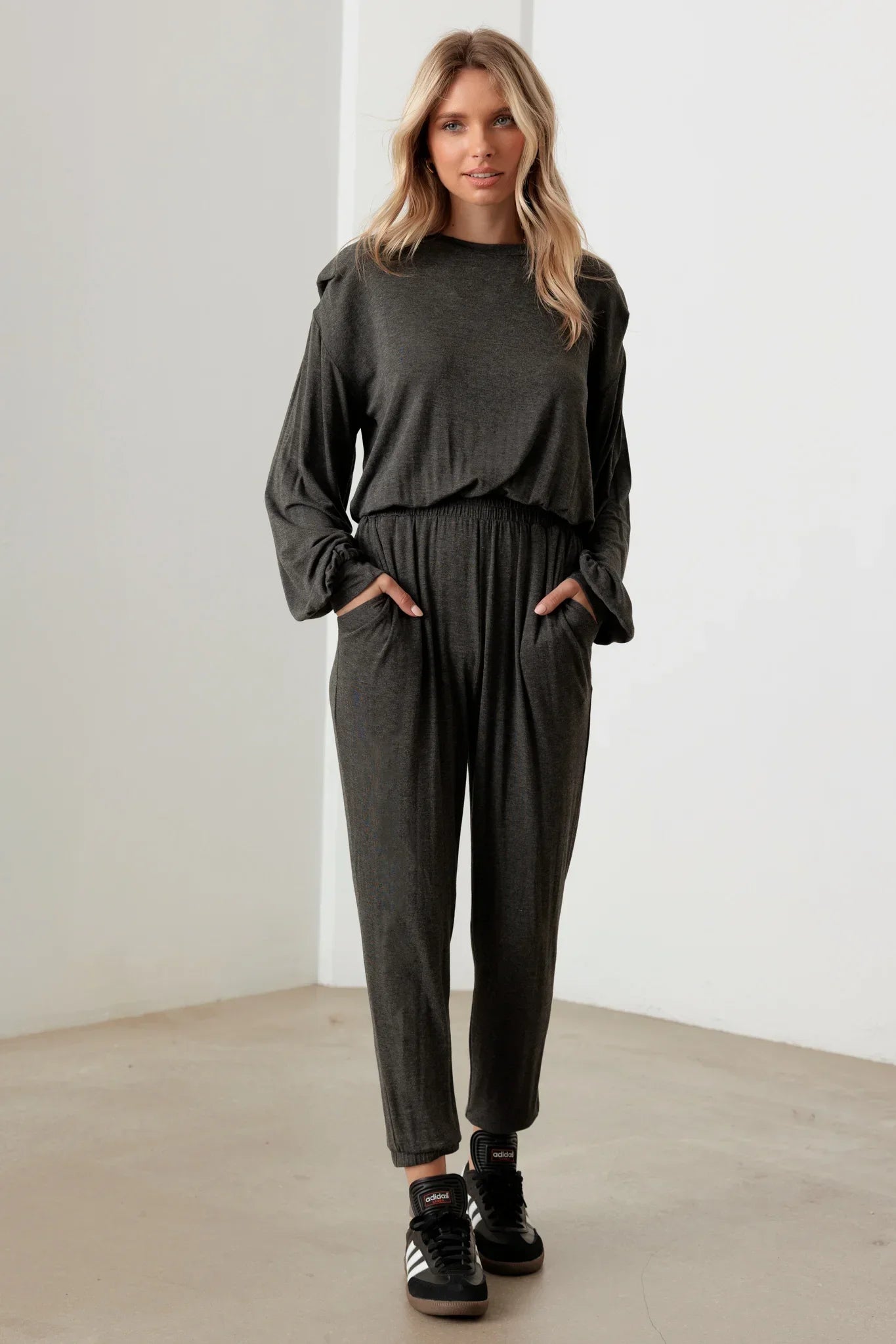 Long Sleeve Shoulder Pad Elastic Waist Jumpsuit