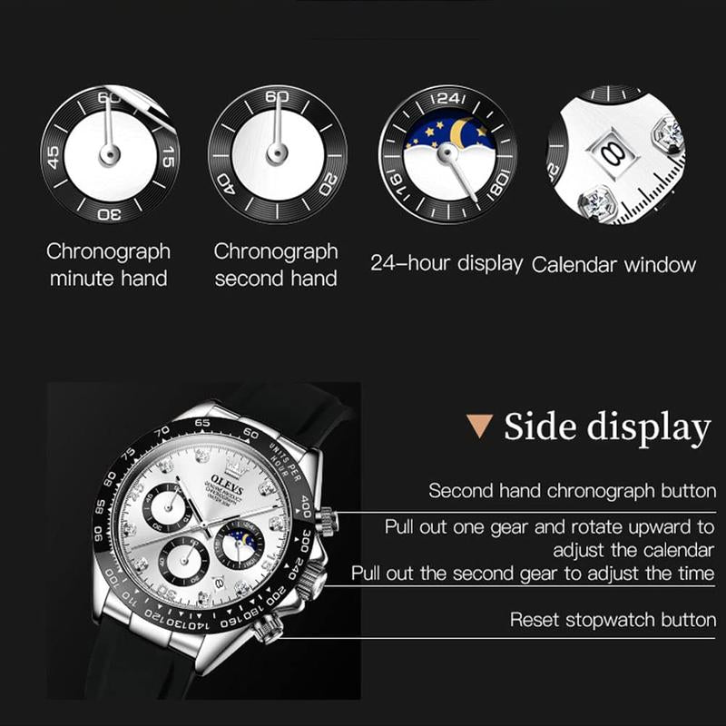 OLEVS Watches for Man Waterproof Chronograph Analog Multifunction Moon Phase Silicone Diamond Luminous Wrist Watches