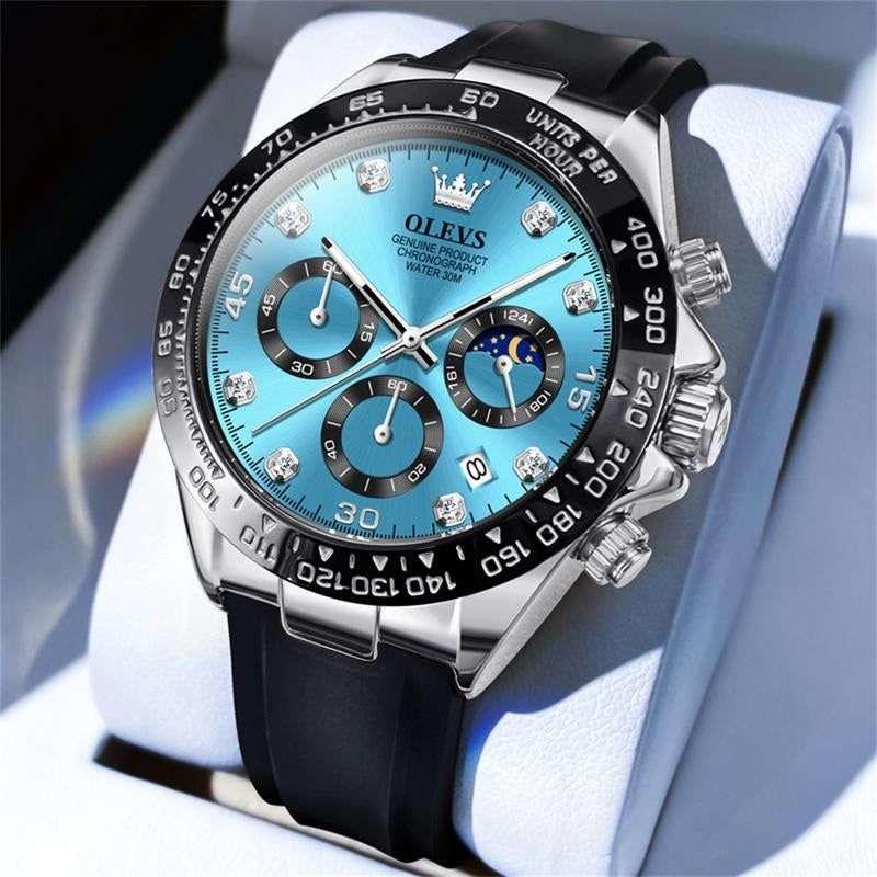 OLEVS Watches for Man Waterproof Chronograph Analog Multifunction Moon Phase Silicone Diamond Luminous Wrist Watches