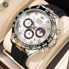 OLEVS Watches for Man Waterproof Chronograph Analog Multifunction Moon Phase Silicone Diamond Luminous Wrist Watches