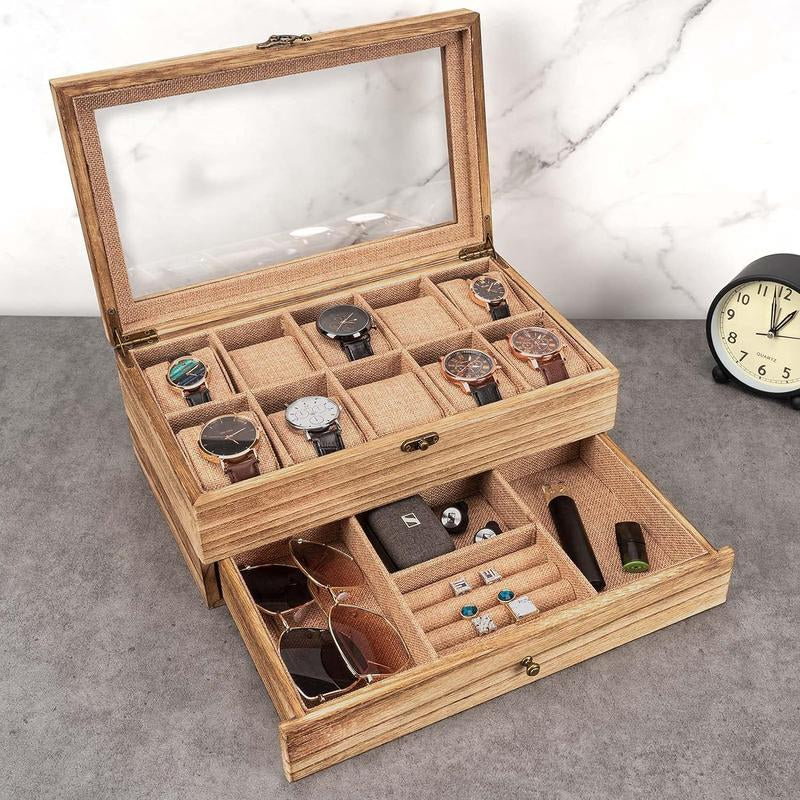 Watch Box - 10 Slot Watch Case for Men Women, Wooden Watch Holder Organizer Display for Mens, Gift for Boyfriend Fathers Day Birthday Gifts (Rustic Brown)