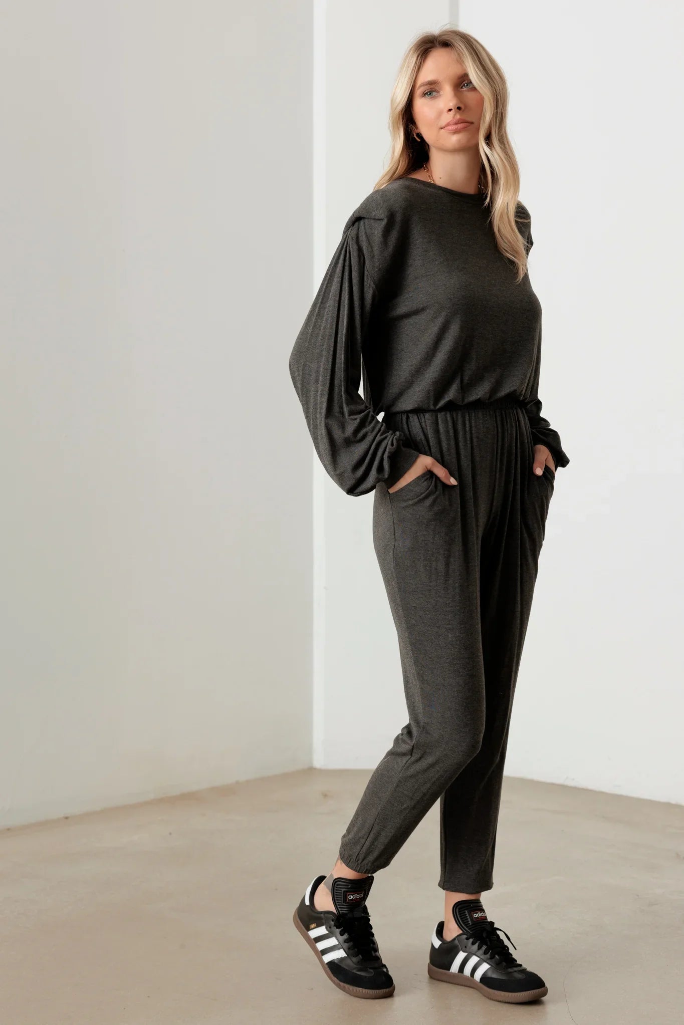 Long Sleeve Shoulder Pad Elastic Waist Jumpsuit