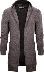 Men'S Long Cardigan Sweater Hooded Knit Slim Fit Open Front Longline Cardigans with Pockets