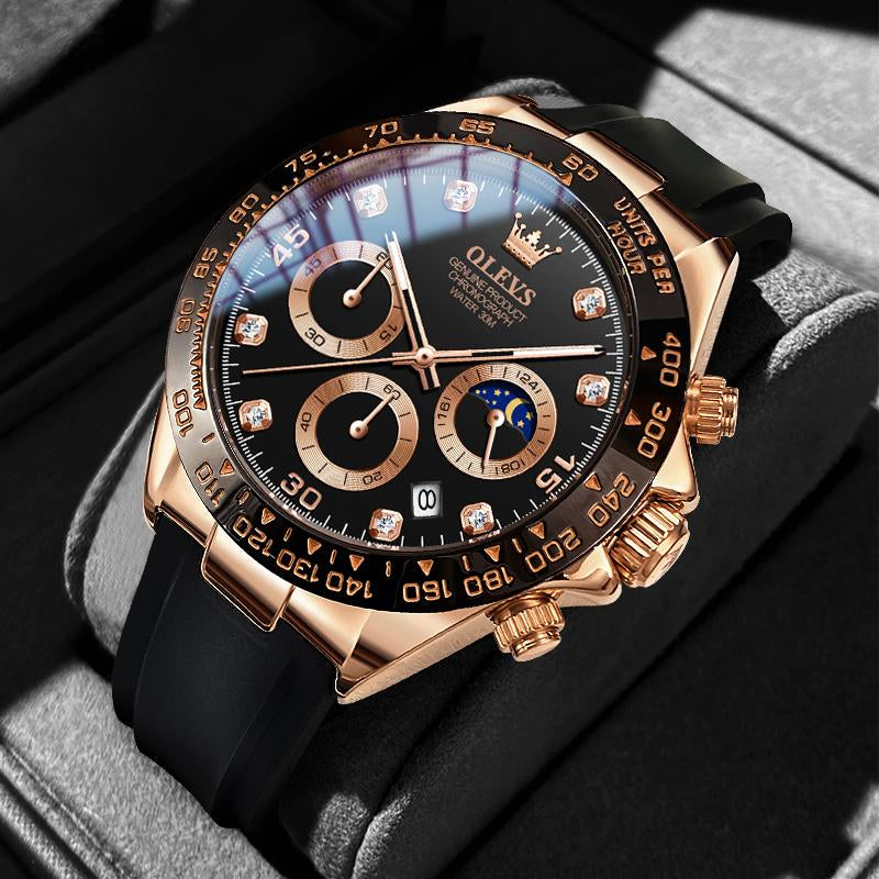 OLEVS Watches for Man Waterproof Chronograph Analog Multifunction Moon Phase Silicone Diamond Luminous Wrist Watches