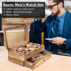 Watch Box - 10 Slot Watch Case for Men Women, Wooden Watch Holder Organizer Display for Mens, Gift for Boyfriend Fathers Day Birthday Gifts (Rustic Brown)